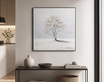 Lone Winter Tree Framed Wood Print Wall Art, Minimalist Snow Landscape, Soft Gray Neutral Decor, Deep or Floating Frame