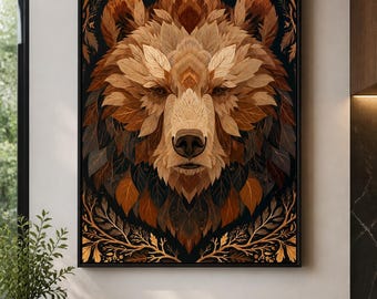 Bear Framed Wood Print Wall Art, Botanical Wildlife Portrait, Dark Forest Decor, Rustic Lodge Artwork, Deep or Floating Frame