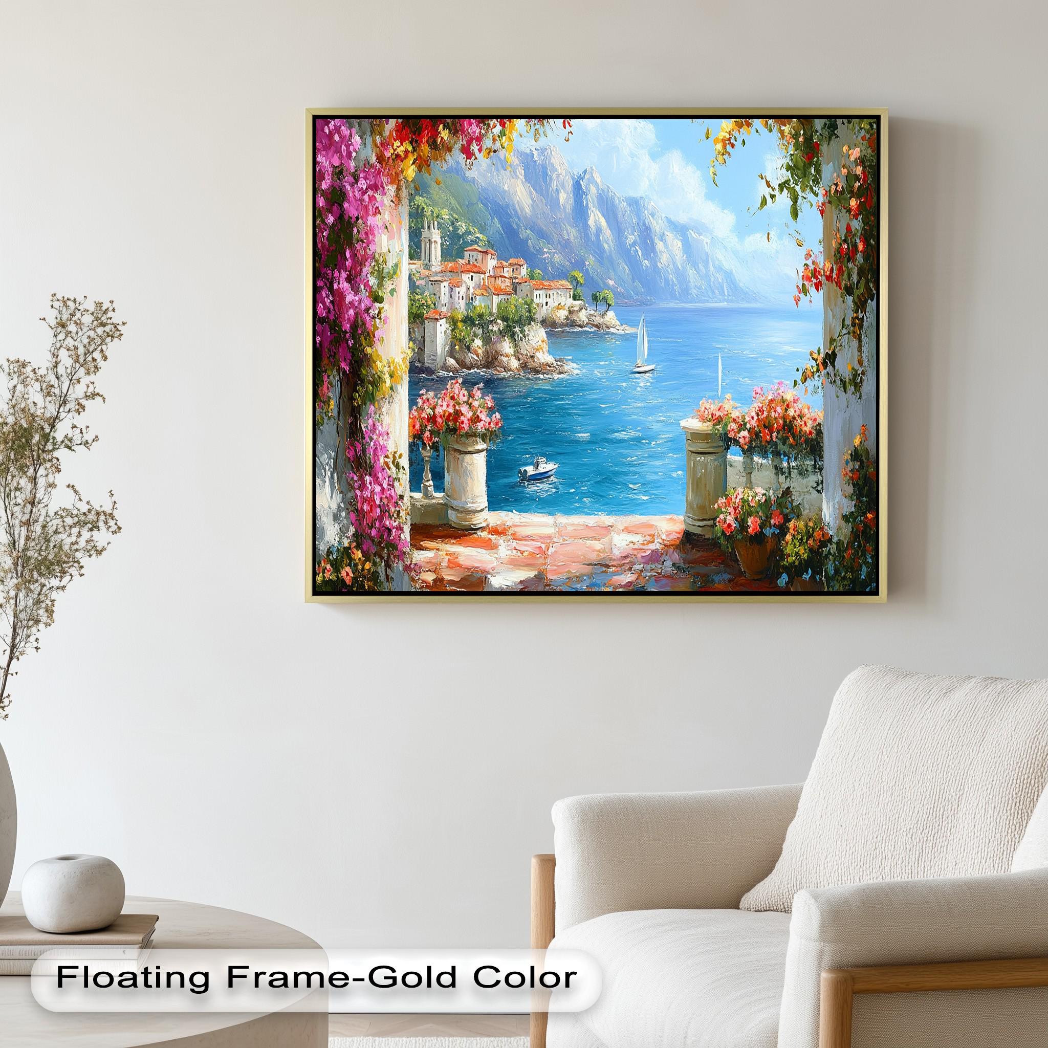 Framed Mediterranean Seaside Wall Painting: Coastal Italian