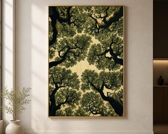 Tree Canopy Framed Wood Print Wall Art, Looking Up Forest Artwork, Olive Green Botanical Wood Wall Art, Wooden Wall Art