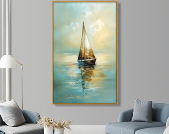 Framed Sailboat Wall Painting : Coastal Sunset Seascape Painting Look Wall Art
