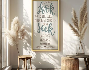Framed Christian Scripture Art, 1 Chronicles 16:11, Anthracite Frame Oil Painting Look Wall Art