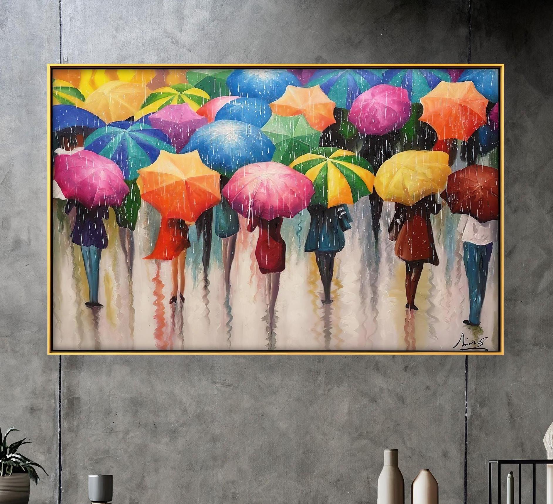 額入り傘の壁画：カラフルな雨の日の木製壁アート油絵風壁アート