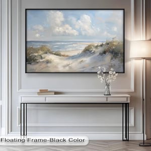 Peinture des dunes côtières - art mural paysage marin de plage, bois avec vue sur l&#39;océan, décoration de dunes de sable, impression maison côtière, cadre flottant noir