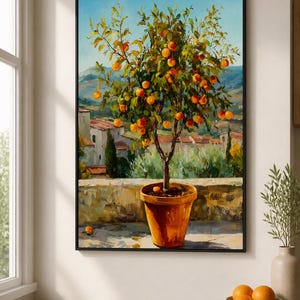May include: A framed oil painting depicting a potted orange tree with vibrant orange fruit and green leaves. The tree sits on a stone terrace overlooking a landscape with buildings and distant hills under a clear blue sky, rendered in a painterly style.