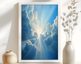 Himmlischer Himmel Ölgemälde auf Holz, Göttliches Licht Wandkunst, spirituelle Wolkenlandschaft, erhebendes religiöses Kunstwerk für Zuhause & Gebetsraum