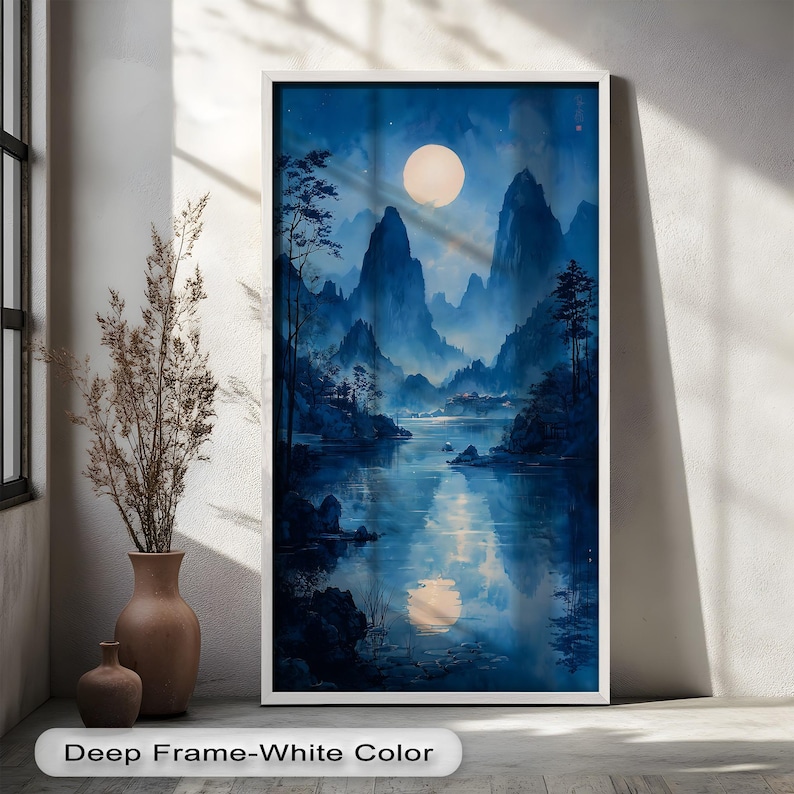 Arte em Tela Emoldurada: Paisagem Zen Noturna com Montanhas e Lua Azul