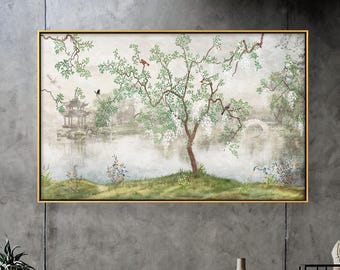 油絵 / 絵画 / 枝に止まる鳥 / 緑 / 楕円形 / 額入り / 木製 / 花