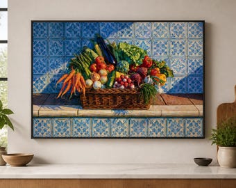 Vegetable Basket Framed Wood Print Wall Art, Blue Tile Kitchen Still Life, Colorful Farmhouse Decor, Deep or Floating Frame