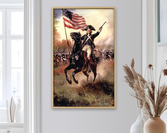 American Revolution Framed Print: Patriotic Horseback Battle Scene Painting Look Wall Art