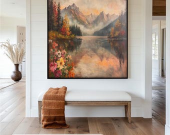 Framed Mountain Lake Wall Painting: Autumn Landscape Wall Art Painting Look Wall Art