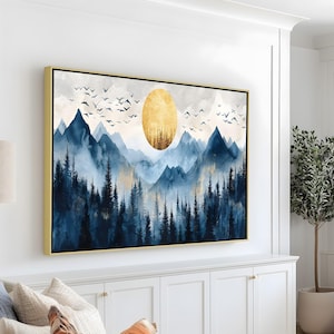 Blue Mountain & Golden Moon Oil Painting on Wood, Forest Landscape Wall Art, Nature-Inspired Home Decor, Modern Mountain Artwork