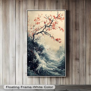 Panoramic Japanese Wave Wall Art, Cherry Blossom & Ocean Print, Zen Nature Painting, Tranquil Minimalist Decor for Home and Office