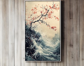 Framed Japanese Wave Art: Cherry Blossom & Ocean Wall Painting Painting Look Wall Art