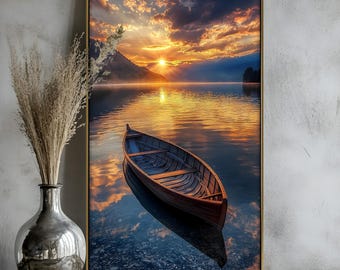 Framed Sunset Lake Wall Painting : Rustic Landscape Art Painting Look Wall Art