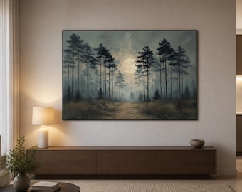 Full Moon Forest Framed Wood Print Wall Art, Misty Pine Tree Landscape, Woodland Path Decor, Deep or Floating Frame