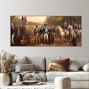Panoramic wooden wall art showing Revolutionary War officers and soldiers in a historic American military scene.