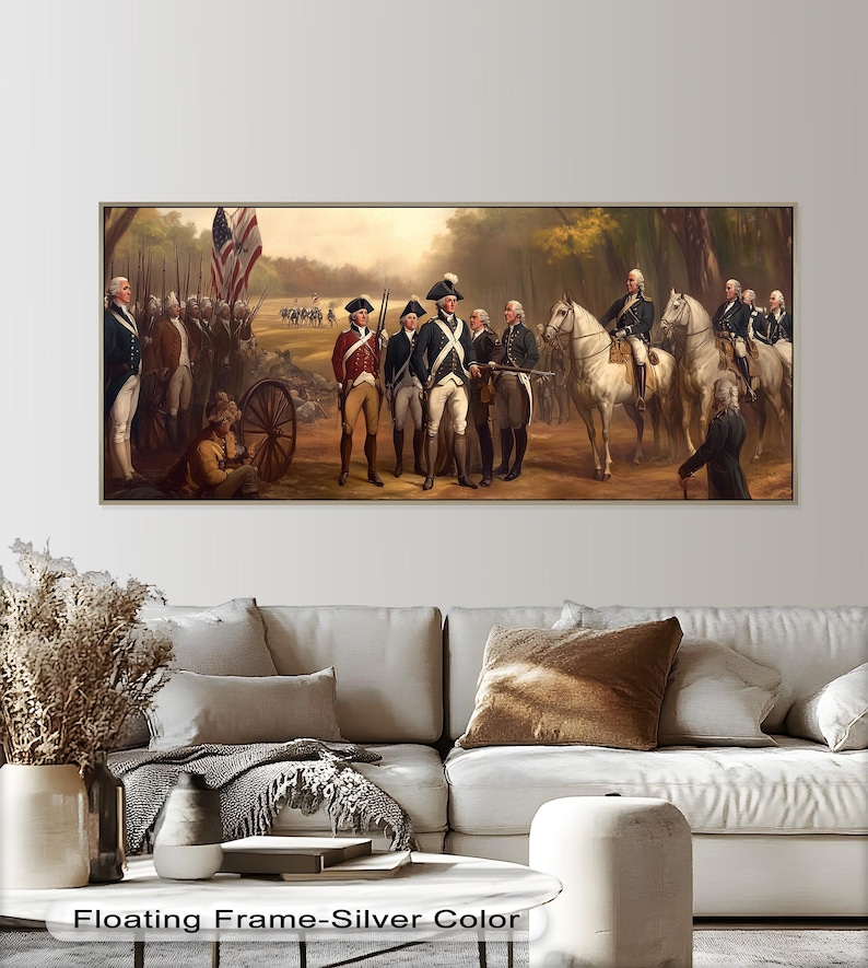 Panoramic wooden wall art showing Revolutionary War officers and soldiers in a historic American military scene.