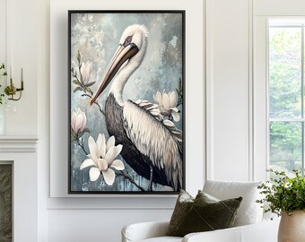 Pelican Wooden Wall Art: Floral Coastal Home Decor Painting Look