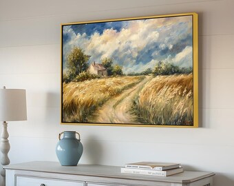 Framed Golden Wheat Field Wall Painting: Rustic Farmhouse Wall Art Painting Look Wall Art, Minimalist Wall Art