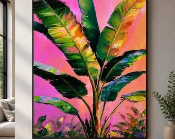 Tropical Banana Leaf Framed Wood Print Wall Art, Vibrant Pink Botanical Artwork, Colorful Maximalist Decor, Deep or Floating Frame