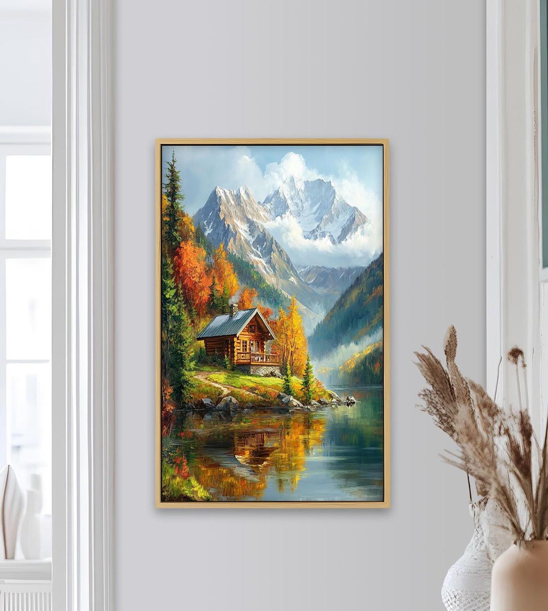 Mountain Cabin Oil Painting on Wood – Serene Autumn Landscape Wall Art ...
