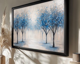 Blue Tree Landscape Art: Framed Wooden Forest Canvas Art Painting Look Wall Art