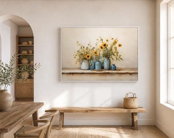 Sunflower Vase Framed Wood Print Wall Art, Blue Bottle Floral Still Life, Rustic Farmhouse Wooden Wall Art, Wood Wall Art, wood wall hanging
