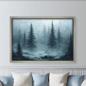 Framed Misty Forest Oil Painting on Wood: Dark Woodland Wall Art