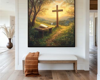 Gerahmtes christliches Kreuz Wandbild: Rustikaler Sonnenuntergang Landschaftsmalerei Look Wandkunst