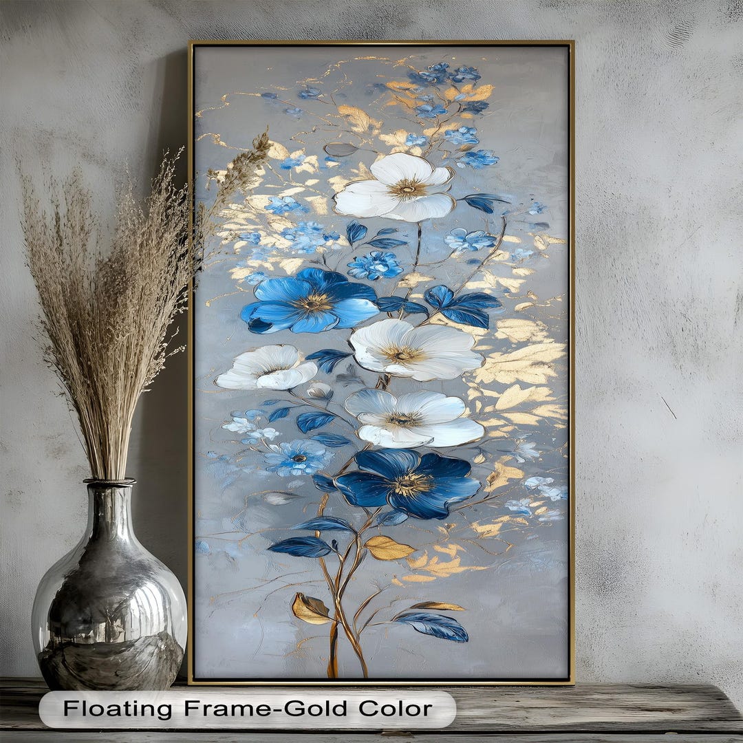 Blue and White Floral Canvas Art: Modern Botanical Wall Art in Floating ...