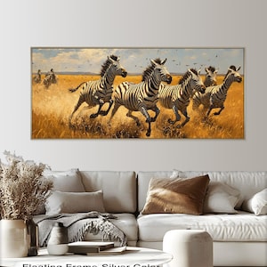 Panoramic Zebra Wooden Wall Art, African Safari Animal Print in Natural Frame, Wildlife Herd Decor for Rustic Modern Spaces