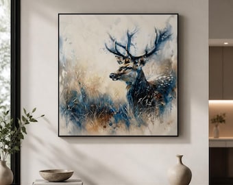 Majestic Stag Framed Wood Print Wall Art, Blue Beige Deer Watercolor Woodland Wildlife Wooden Wall Art, Wood Wall Art, wood wall hanging