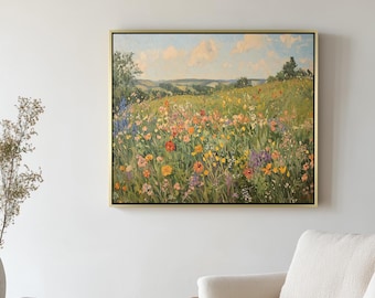 Framed Wildflower Meadow Oil Painting: Rustic Floral Landscape Art