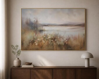 Misty Lake Framed Wood Print Wall Art, Wildflower Meadow Landscape, Soft Neutral Nature Decor, Deep or Floating Frame