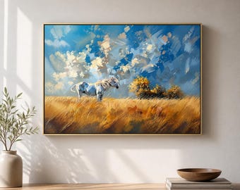 White Horse Framed Wood Print Wall Art, Golden Meadow Abstract Painting Style, Blue Sky Equine Decor, Deep or Floating Frame