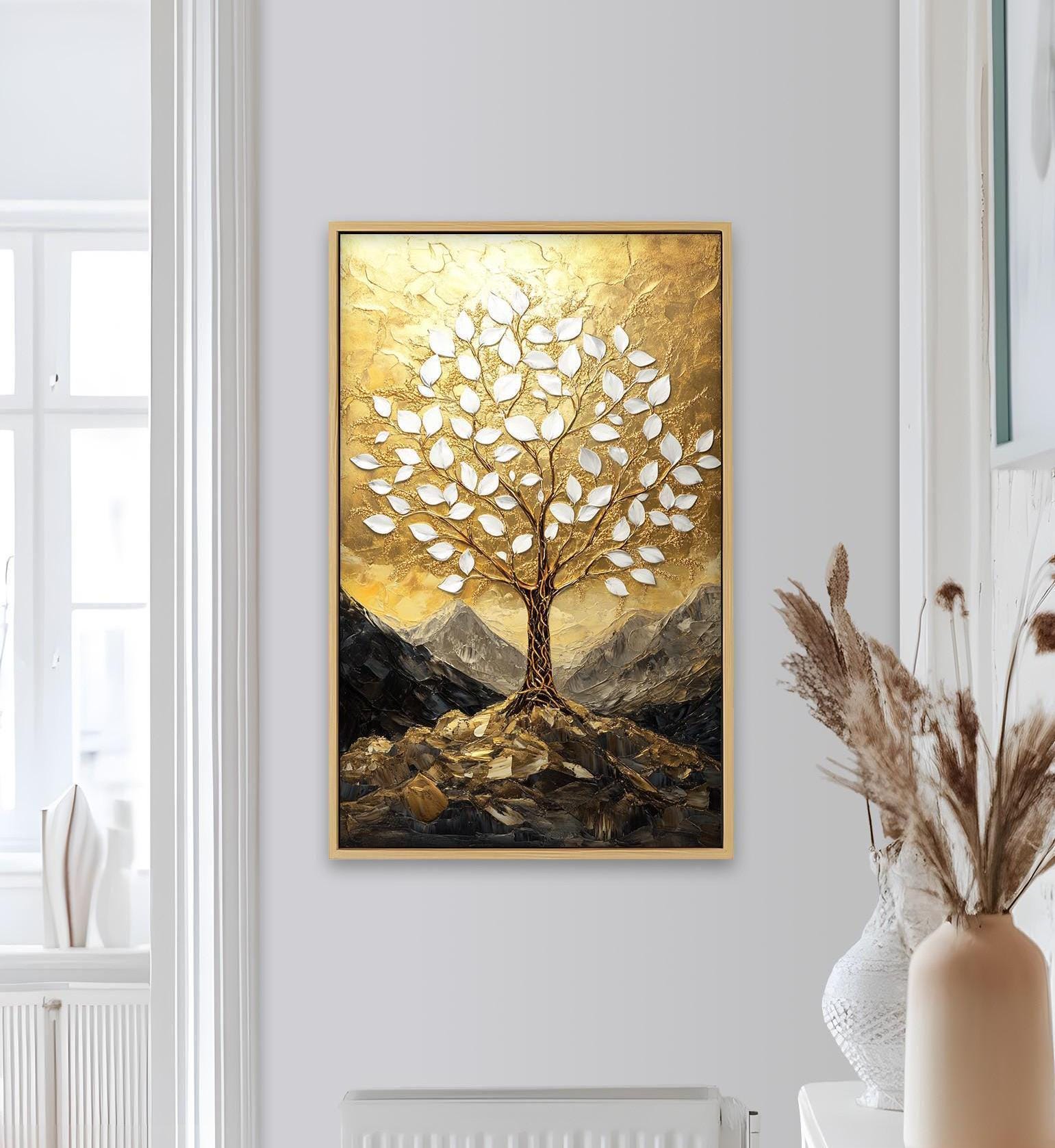 額装された金色の木の壁画：素朴な風景画風の壁掛けアート - Etsy 日本