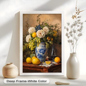 Lemon & Floral Still Life Wooden Wall Art, Vintage Vertical Kitchen Painting in White Frame, Rustic Fruit and Flower Decor