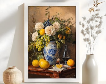 レモンの花の静物画キャンバスアート：白い額縁に入ったヴィンテージ風のキッチン装飾壁掛けアート