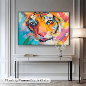 Colorful Tiger Face Framed Oil Painting Print - Modern Wildlife Decor
