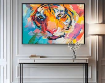 Colorful Tiger Face Framed Wall Painting Print - Modern Wildlife Decor Painting Look Wall Art