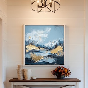 Framed Gold & Blue Mountain Wall Painting : Rustic Landscape Wall Art Painting Look Wall Art
