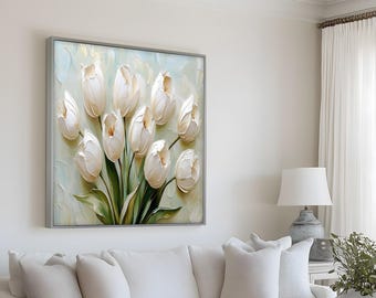 White Tulip Floral Print: Elegant Framed Botanical Wall Art Painting Look Wall Art