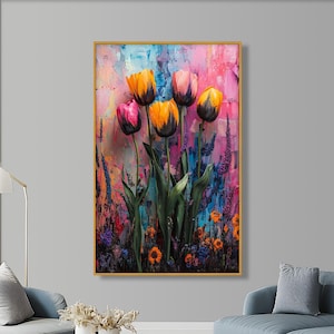 Framed Tulip Oil Painting on Wood: Modern Floral Wall Art