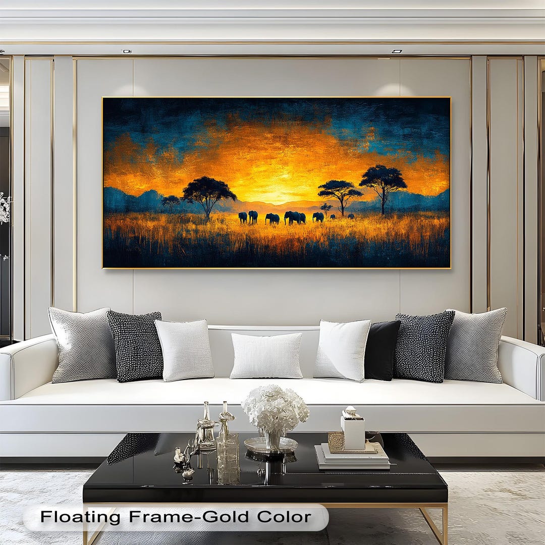 Elephant Sunset Canvas Art: African Safari Wood Wall Art With Frame Oil ...