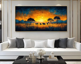 Cuadro de lienzo con diseño de elefante al atardecer: Arte de pared de madera con marco estilo safari africano y aspecto de pintura.