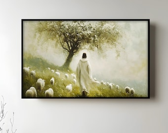 Framed Jesus Shepherd Oil Painting on Wood: Christian Wall Art