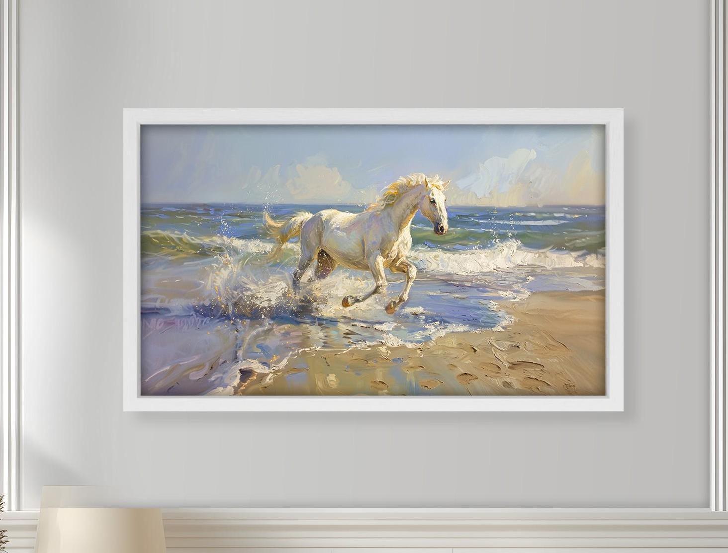 白い馬の壁画:ビーチギャロップの額入りウォールアート油絵風ウォール 白い馬の壁画:ビーチギャロップの額入りウォールアート油絵風ウォール