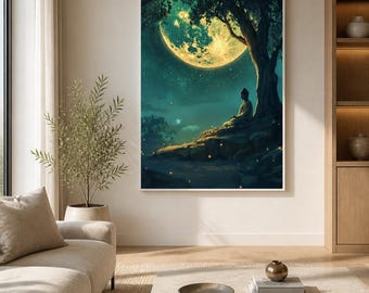 Buddha Meditation Wood Print, Glowing Moon Spiritual Wall Art, Mystical Forest Zen Decor, Vertical Teal Gold Fantasy