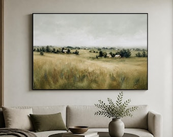 Wheat Field Framed Wood Print Wall Art, Misty Rural Landscape, Neutral Sage Farmhouse Artwork, Deep or Floating Frame